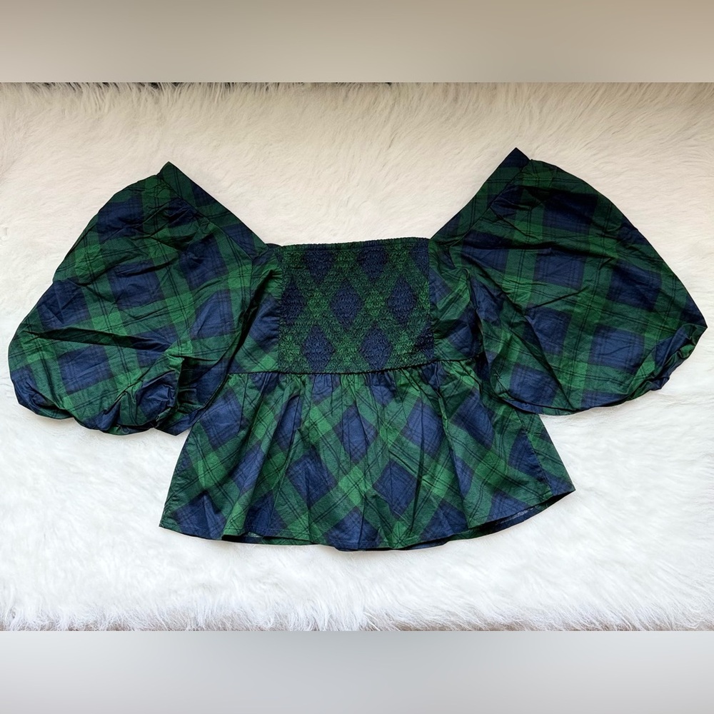 Plaid Puff Sleeve Top - Green and Navy - Picture 4 of 5